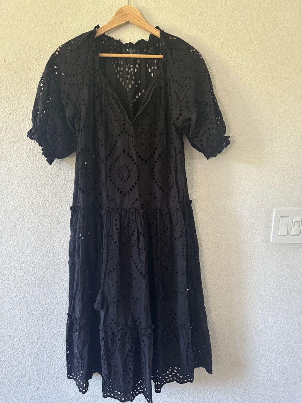 OPT Black Eyelet Tiered Midi Dress
